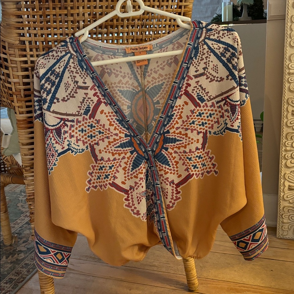 Flying Tomato Gold/Teal Aztec Print Faux Wrap Boho Blouse Size Small